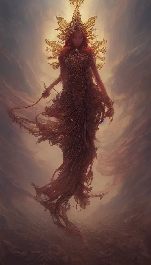 Image similar to ascending dark full body redhead goddess angel, madison beer, intricate armor, highly detailed, glowing, action pose, cinematic, art deco, gold filigree, ethereal, alfonso mucha, zdzisław beksinski, andrei ryabovichev, shaun tan, chriss foss, peter mohrbacher, 4 k