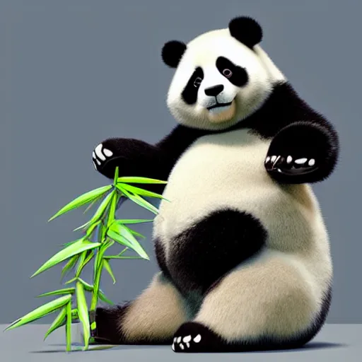 Image similar to cute fluffy panda eating bamboo, high quality 3 d pixar style render, unreal engine, detailed,