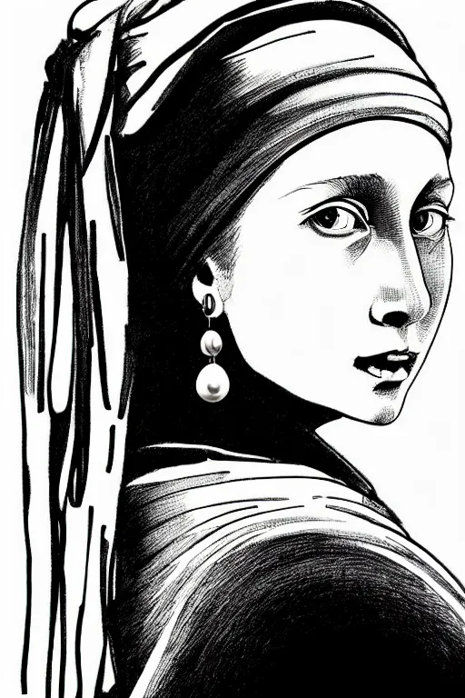 Image similar to beautiful portrait of a woman, negative no not the girl with a pearl earring, highly detailed ink illustration, b & w clean shaped illustration by kim jung gi, ric estrada, ron english and eiichiro oda