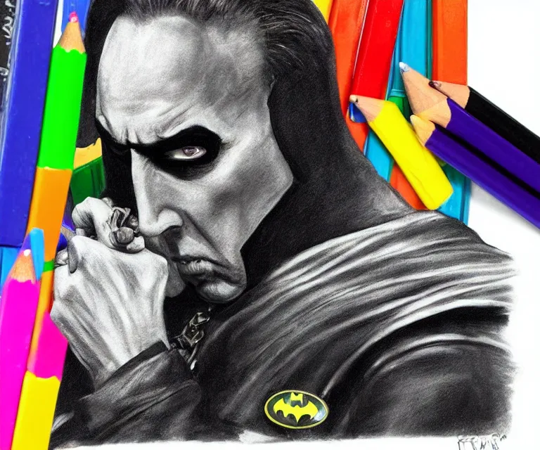 Image similar to “ nicholas cage as sad batman, eating crayons from the box, simple, hyperrealism, photorealistic, 8 k, high def ”