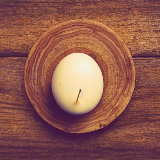 Image similar to a polaroid photograph of an egg, sitting on top a table with a burning candle. minimalistic, natural light, wood grain table top. swirling wood grain.