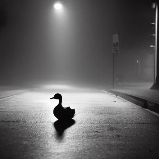 Image similar to a lonely duck under a street light, fog, still from a movie by bong joon - ho