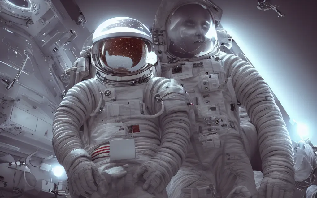 Image similar to astronaut connected by a lot of cables to a supercomputer designed by Dieter Rams, cinematic lighting, haze, octane render, lens flare