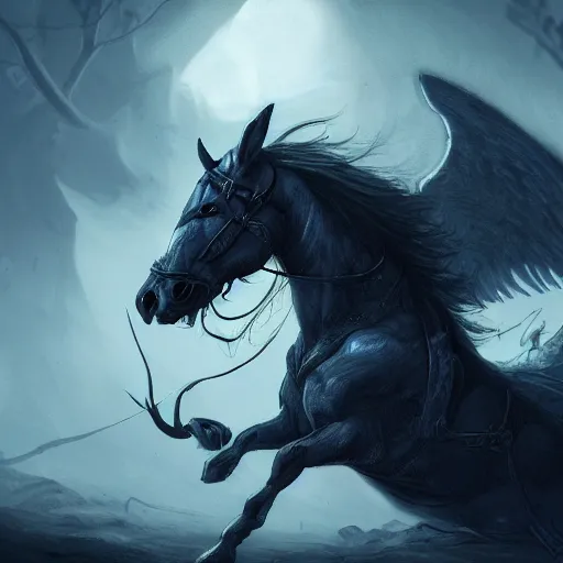 Prompt: headless horseman with wings, concept art, trending on artstation, highly detailed, intricate, sharp focus, digital art, 8 k