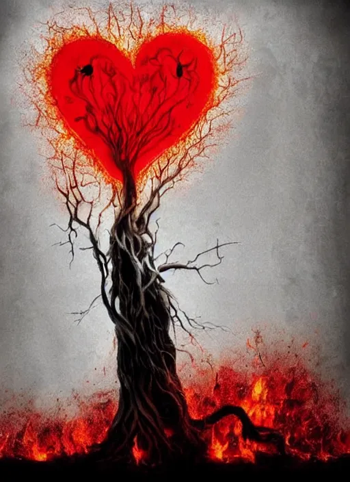 Image similar to dripping heart in fire ❤🔥 with roots growing above it, sadness, dark ambiance, concept by godfrey blow and banksy, featured on deviantart, sots art, lyco art, artwork, photoillustration, poster art, black and red