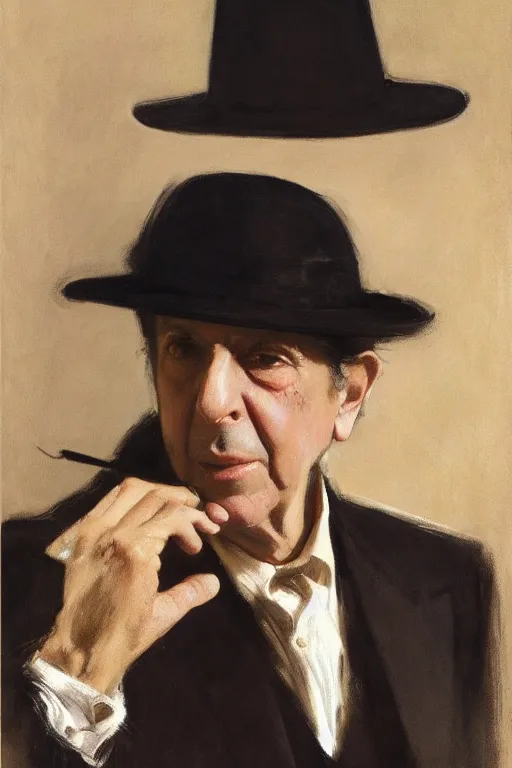 Prompt: Leonard Cohen, wearing a trilby hat, portrait by John Singer Sargent, Frank McCarthy, Robert McGinnis