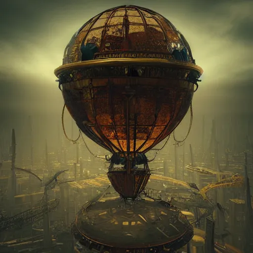 Image similar to enormous flying city in a rusted faberge egg, sky, steampunk, fantasy art, unreal engine,