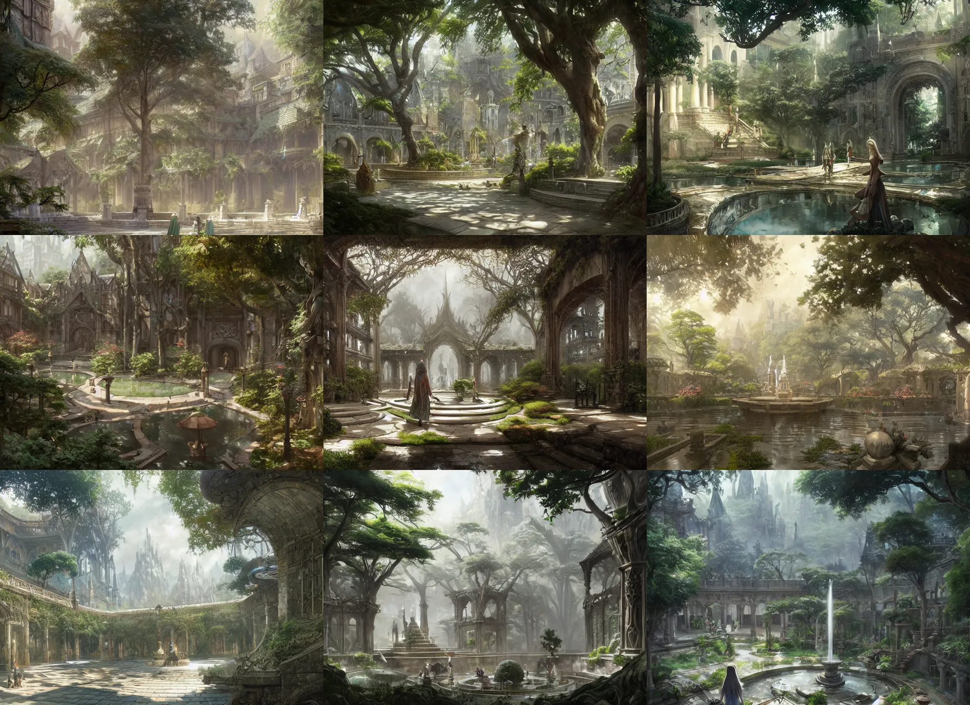 Prompt: A wide open courtyard in a beautiful elven city made of ivory, anime, lush trees, fountain, a fantasy digital painting by Greg Rutkowski and James Gurney, trending on Artstation, highly detailed