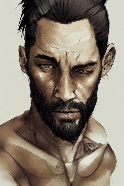 Image similar to very detailed portrait of a rugged man in his early thirties, strong jaw, ( ( deep black eyes ) ), ( ( ( latino features ) ) ), wearing a black!! t - shirt, earthy color scheme, by wlop and krenz cushart and artgerm, detailed eyes, starry background, trending, on artstation.