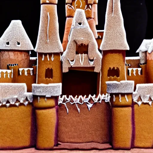 Image similar to people walking into the castle by walt disney buit made from gingerbread and stuff, live action digital art