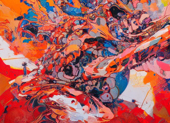 Image similar to highly textured oil painting modern art abstract, moma by james jean and katsuhiro otomo and erik jones, inspired by akira anime, smooth texture, intricate oil painting, high detail illustration, sharp high detail, long exposure