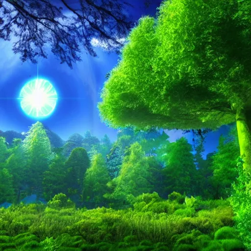 Prompt: A photo realistic green forrest with blue skies, a portal with a blue and orange nebula is showing at the back