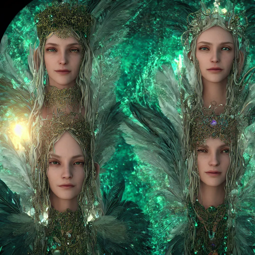 Image similar to wiccan high priestess with angelic face, super fine details and intricate jewelry with feathers and crystals, ethereal, in deep clear emerald water, divine realm of gods, solarpunk realistic cinematic style, filmed in 70mm, volumetric lighting, octane render, photographic, concept art, artist Leonardo DaVinci, unreal engine, 8k