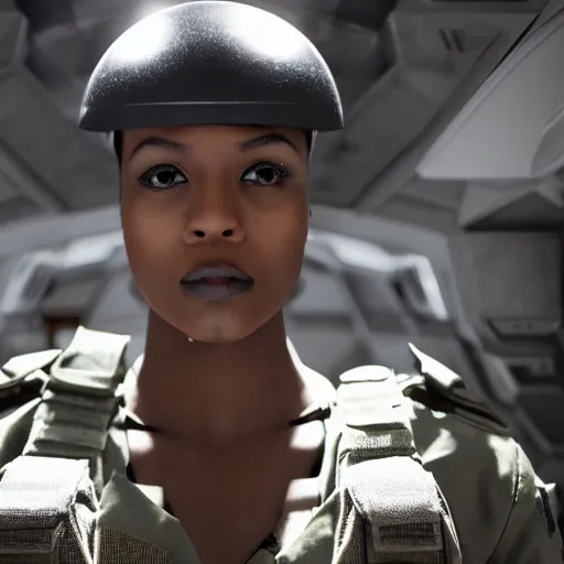 Image similar to a futuristic female soldier with brown skin and short hair in a spaceship