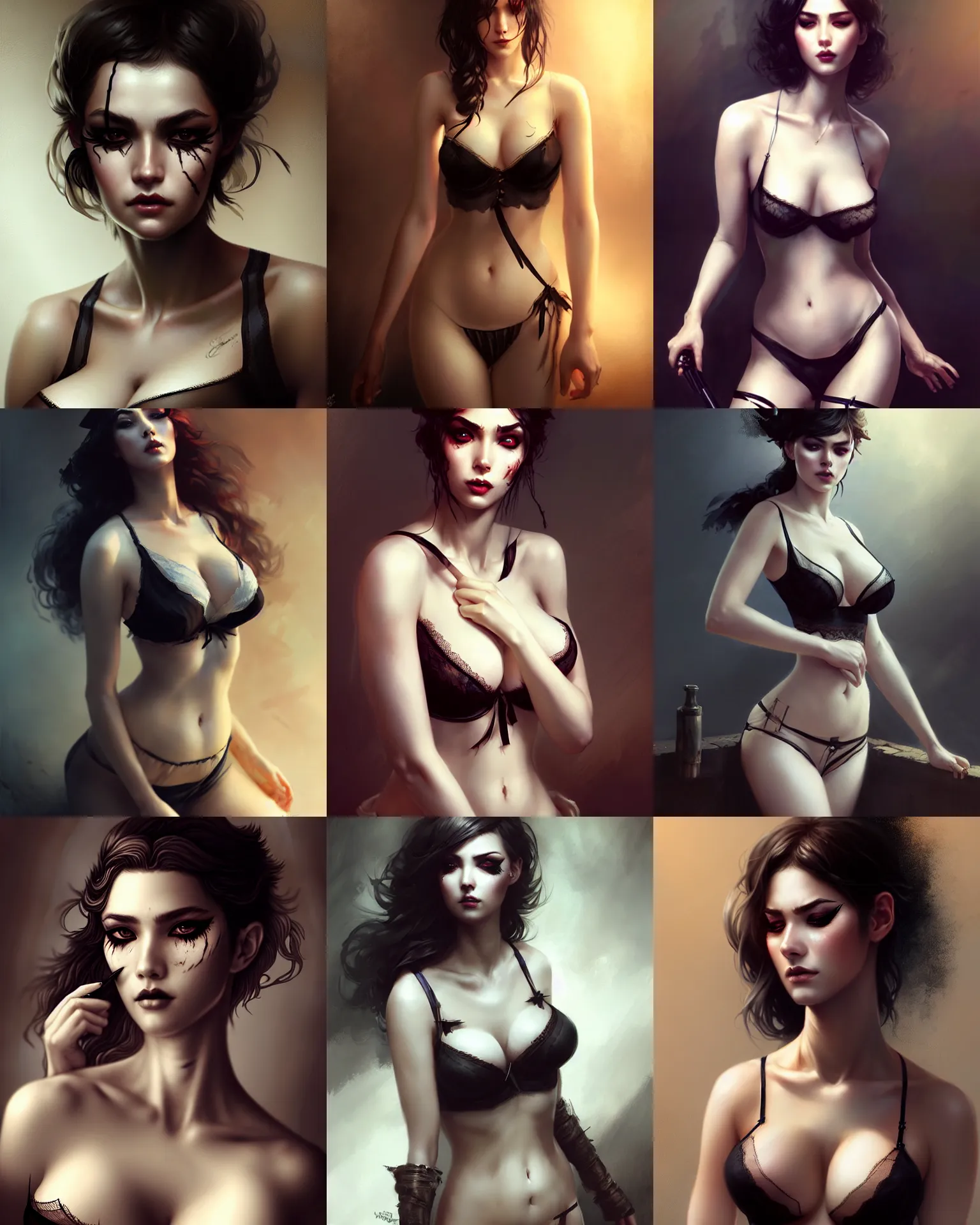 Prompt: lady with eyeliner makeup from hunt showdown, seductive lingerie camisole, intricate, seductive confident pose, realistic, highly detailed, digital painting, art by wlop and artgerm and ross tran and greg rutkowski, fritz willis, charlie bowater