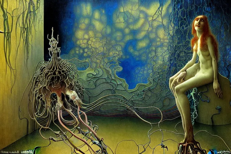 Prompt: realistic extremely detailed portrait painting of a bizarre creature sitting in the corner of an abandoned house, futuristic sci-fi landscape on background by Jean Delville, Amano, Yves Tanguy, Alphonse Mucha, Ernst Haeckel, Edward Robert Hughes, Roger Dean, rich moody colours, blue eyes