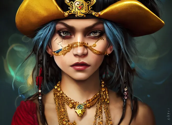 Image similar to full body picture of a pirate girl, hard breathing, messy hair, very excited, sparkling eyes, front of the treasure box, jewels and gold on the background, coveted, beautiful and aesthetic and attractive and detailed face, specular reflection, occlusion shadow, intricate, bokeh, masterpiece, by ilya kuvshinov and ross tran and quentin mabille