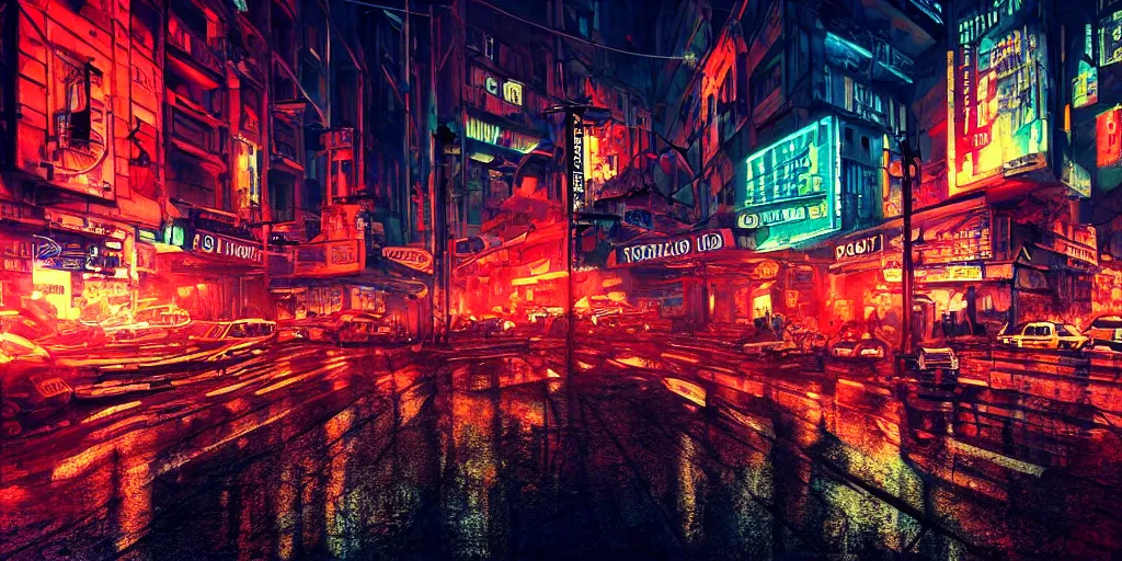 Image similar to Belgrade at night in cyberpunk style, neon lights, ultra realistic, highly detailed, HD, sharp focus, cinematic lighting, realistic, vivid colors, oil painting, non blurry, sharp