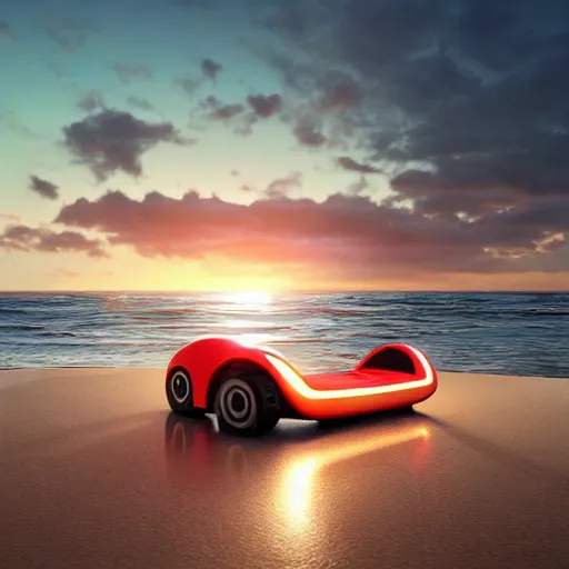 Image similar to concpet art featuring a futuristic ferrari themed hoverboard sitting at the beach during sunset. fine detail. surf. this 4 k hd image is trending on artstation, featured on behance, well - rendered, extra crisp, features intricate detail, epic composition and the style of unreal engine.