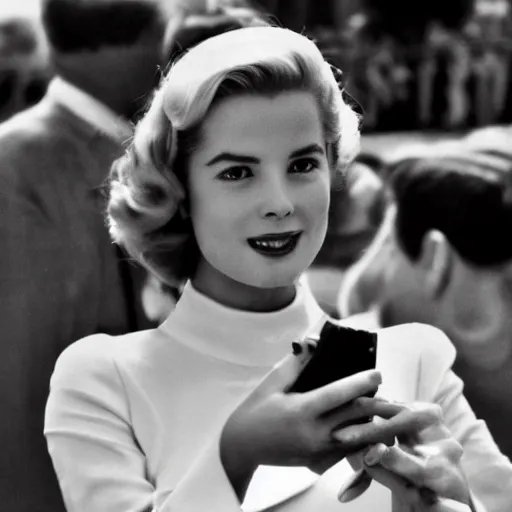 Image similar to selfie smartphone photo of a young Grace Kelly at the Monaco Gran Prix, F1 cars blurred in background, iphone photo, smartphone resolution, low resolution camera