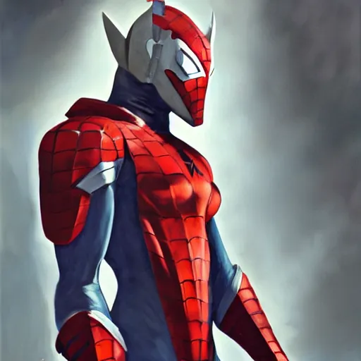 Image similar to greg manchess portrait painting of armored spiderman ultraman grey fox from metal gear cyborg gay japanese - american hybrid as overwatch character, medium shot, asymmetrical, profile picture, organic painting, sunny day, matte painting, bold shapes, hard edges, street art, trending on artstation, by huang guangjian and ail elvgren and sachin teng