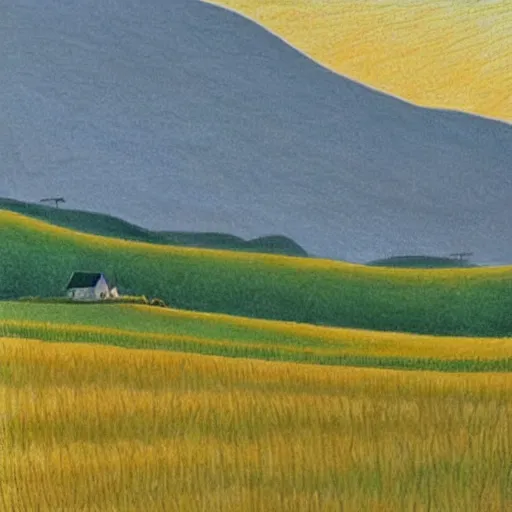 Image similar to This drawing captures the beauty of the countryside in all its simplicity. The rolling hills and fields are bathed in a warm, golden light, and the peaceful scene is punctuated by a few small houses and a winding road. The brushwork is loose and expressive, and the overall effect is one of serenity and calm. 1970s grainy vintage illustration, Mayan by Hiroshi Nagai, by Carlo Crivelli playful, improvisational