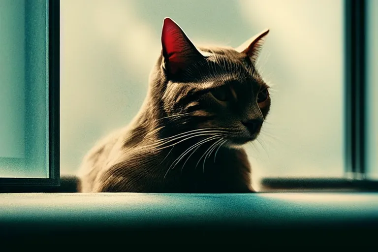 Image similar to vfx film closeup, cat on a window ledge, flat color profile low - key lighting award winning photography arri alexa cinematography, hyper real photorealistic cinematic, atmospheric cool colorgrade