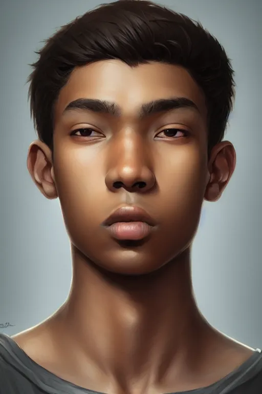 Image similar to young teenager boy with straight short brown hair, dark skin, big lips. highly detailed, d & d, fantasy, highly detailed, digital painting, trending on artstation, concept art, sharp focus, illustration, art by artgerm and greg rutkowski and fuji choko and viktoria gavrilenko and hoang lap