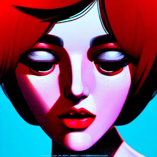 Image similar to tv actress with warm eyes, slim features, hallucinating happily. box office hit, satire and seventies italian horror movie, unreal engine, intricate, ultra detailed 8 k, ambient reflective occlusion, extremely beautiful and aesthetic shape of face and neck, art by hiroaki samura and ilya kuvshinov and rossdraws and andy warhol, inverted