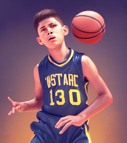 Image similar to portrait of a boy playing basketball in a basketball court, intense emotion, intricate, elegant, highly detailed, centered, digital painting, artstation, concept art, smooth, sharp focus, illustration, WLOP