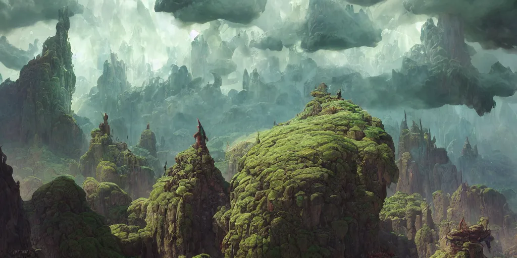 Image similar to bytopia planescape huge cave ceiling clouds made of green earth towns, villages castles, buildings inverted upsidedown mountain artstation high fantasy illustration sharp focus sunlit vista painted by ruan jia raymond swanland lawrence alma tadema zdzislaw beksinski norman rockwell tom lovell alex malveda greg staples