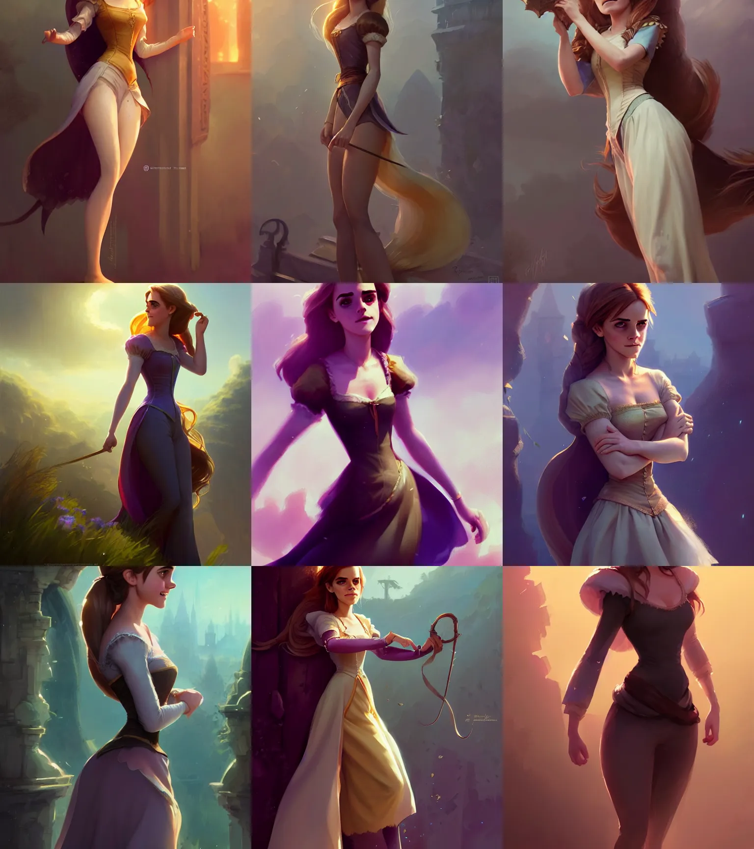 Prompt: attractive Emma Watson as Rapunzel, hourglass slim figure, full body shot close up, seductive smile, details, sharp focus, illustration, by Jordan Grimmer and greg rutkowski, Trending artstation, pixiv, digital Art