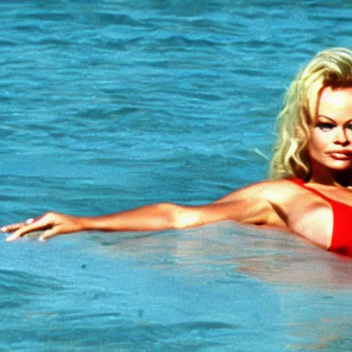 Prompt: Pamela Anderson in a bikini in American Psycho (2000)