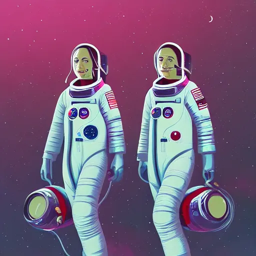 Image similar to portrait of two astronaut girls in tight chromatic suit by Petros Afshar and Beeple, highly detailed