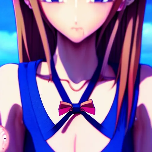 Image similar to 3d anime girl, wearing a tanktop, gorgeous face, blue eyes, ribbon in her hair, silver necklace, , high quality anime art, trending on artstation