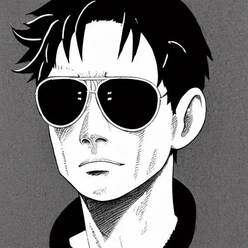 Prompt: a pencil sketch portrait of luffy wearing aviator sunglasses, black and white, white background, fine detail