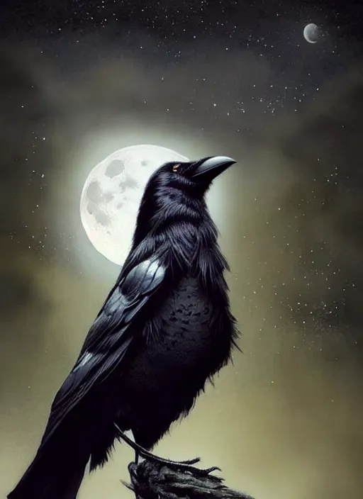 Image similar to side portrait dark crow on tree in front of the full big moon, fine art, awesome fantasy book cover on Pinterest, award winning, fantasy forest landscape, fantasy magic, dark golden light night, intricate, elegant, sharp focus, illustration, highly detailed, digital painting, concept art, matte, art by WLOP and Artgerm and Greg Rutkowski, masterpiece, trending on artstation