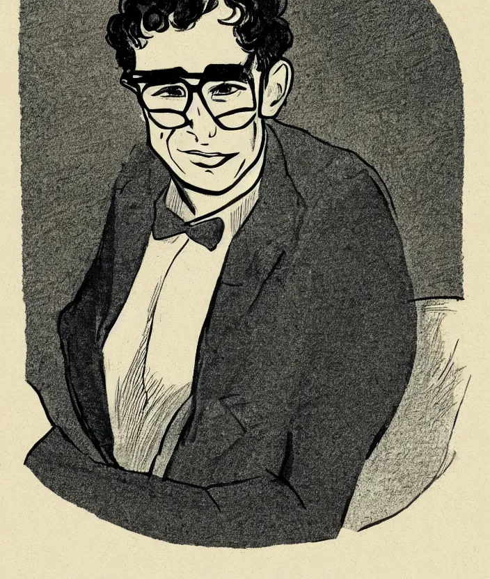 Prompt: man with glasses, dark short curly hair smiling, illustration in the style of p. d. eastman