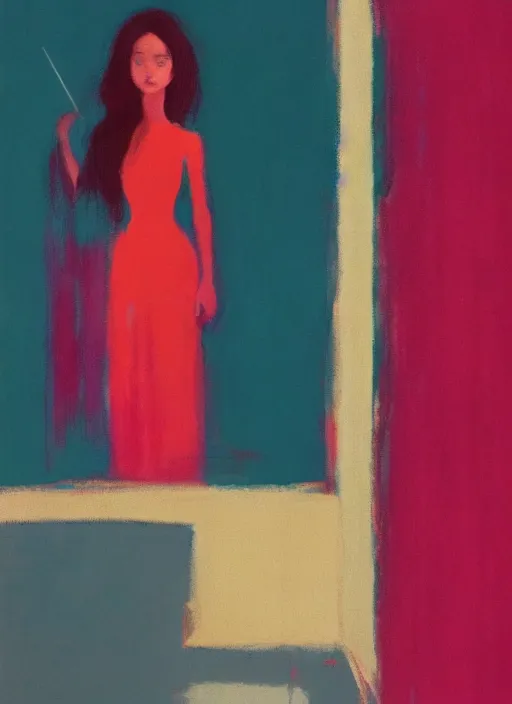 Image similar to a beautiful muse captivatingly dreaming and brushing her hair in front of a mirror made of existential void, the girl from the Ring crawling, in style of John Singer Sargant, Ilya Kuvshinov and Edward Hopper with eerie colors of Mark Rothko, highly detailed