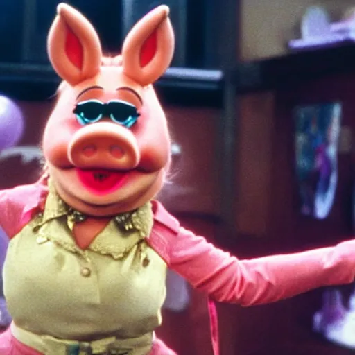 Image similar to movie still of miss piggy starring as trinity in the matrix movie