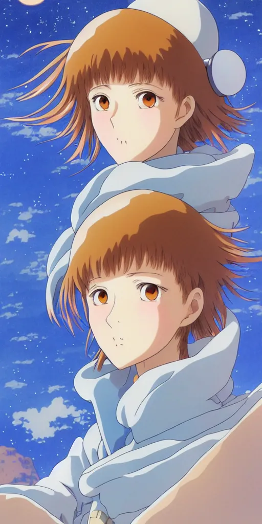 Image similar to anime art full body portrait character nausicaa concept art, anime key visual of elegant young female, brown hair and large eyes, finely detailed perfect face delicate features directed gaze, sunset in a valley, trending on pixiv fanbox, studio ghibli, extremely high quality artwork by hayao miyazaki by kushart krenz cute sparkling eyes