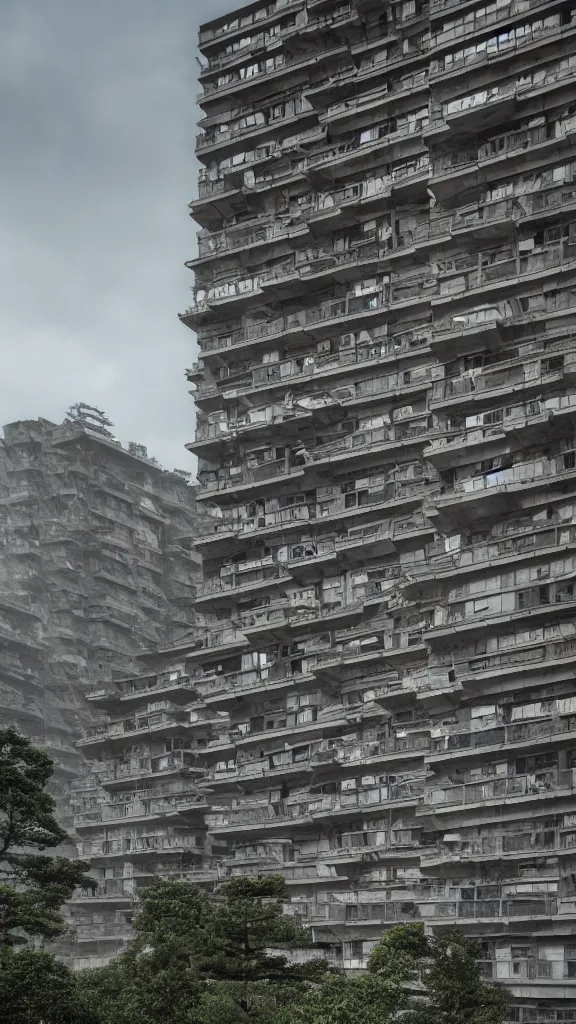 Prompt: photo in style of hiroshige and piranesi. brutalist soviet building. ultrarealistic. giant buildings have deep tall balconies with many people. thin random columns, large windows, deep overhangs. 8 k, volumetric lighting.