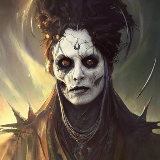 Image similar to Johny Depp as an undead Lich necromancer, Magic the Gathering art, undead facial features, art by greg rutkowski and alphonse mucha, highly detailed, digital painting, matte painting, concept art, illustration, oppressive lighting, trending on artstation, very detailed