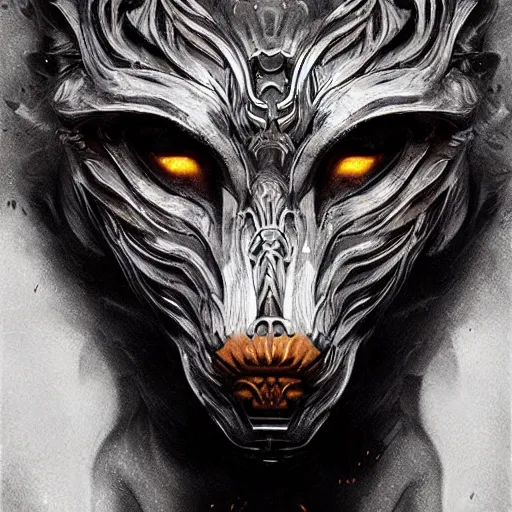 Prompt: Very very very very highly detailed epic photo of face with werewolf venetian mask, intricate, dystopian, sci-fi, extremely detailed, digital painting, artstation, concept art, smooth, sharp focus, illustration, intimidating lighting, incredible art by Artgerm and Vincent di Fate