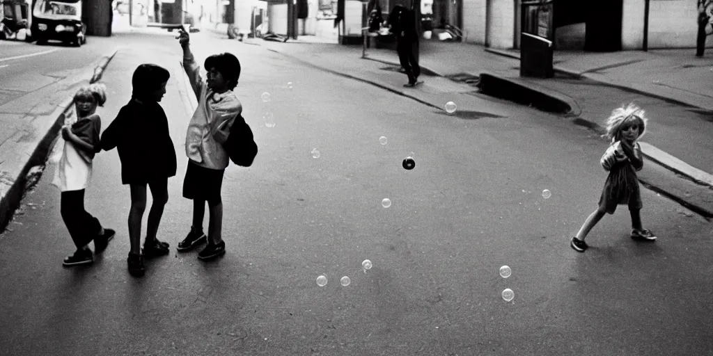 Image similar to street, 2 tomboys blow gum bubbles, 1 9 8 0 s film photography, exposed b & w photography, christopher morris photography, bruce davidson photography, peter marlow photography