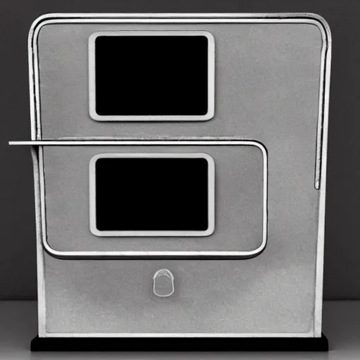 Image similar to an old, filthy, broken, 1960s-era, retro device, made of brushed steel, for displaying recipes, digital pong screen, set on a kitchen counter, dramatic constrasting light, redshift render, but as high contrast photography, featured on behance, golden ratio, f32, well composed, cohesive, from the show X-Files