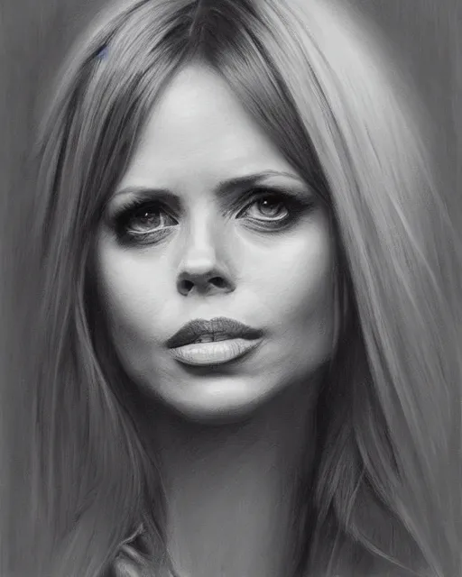 Prompt: charcoal portrait of Britt Ekland by Mandy Jurgens and Richard Schmid