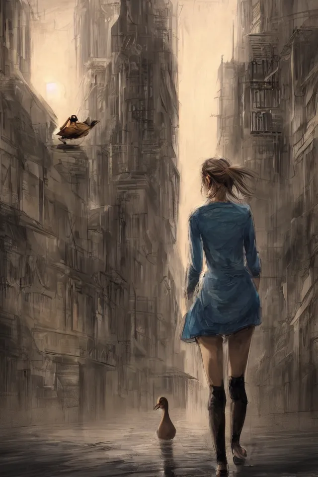 Prompt: concept art, a pretty girl with the head of a duck, cities, godrays, wide views, on the street