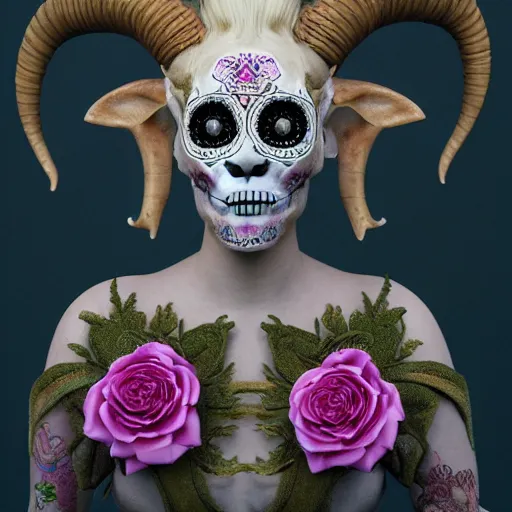 Image similar to champagne blonde lady changeling mythical satyr, humanoid with goat horns and goat legs, mid - waist self - portrait, perfect symmetry, intricate, dia de los muertos, skulls and flowers mask, aztec ultra detailed feathered dress 4 k resolution, octane rendering, ultra realistic, photo realism, beeple, 2 0 mm