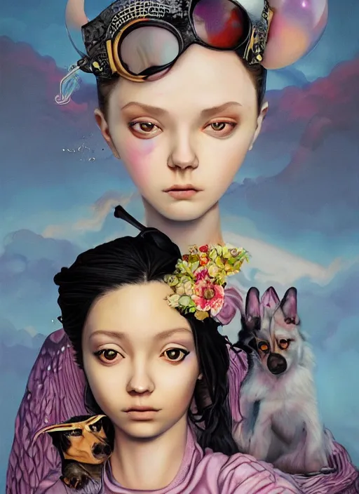 Prompt: beautiful portrait painting of a beautiful teenage lofi cyberpunk princess and her corgi assassin king happy, by Afarin Sajedi, Alessandro Barbucci, Alex Gross, Shin Jeongho, Shohei Otomo. trending on Artstation, 8k, masterpiece, face enhance, graffiti paint, fine detail, full of color, intricate detail, golden ratio illustration